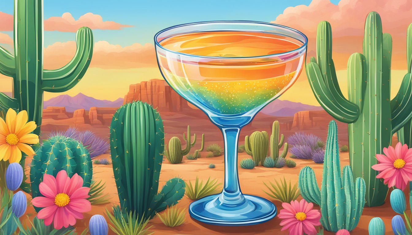 A colorful cocktail glass filled with vibrant Texas wildflowers, surrounded by cacti and desert landscape