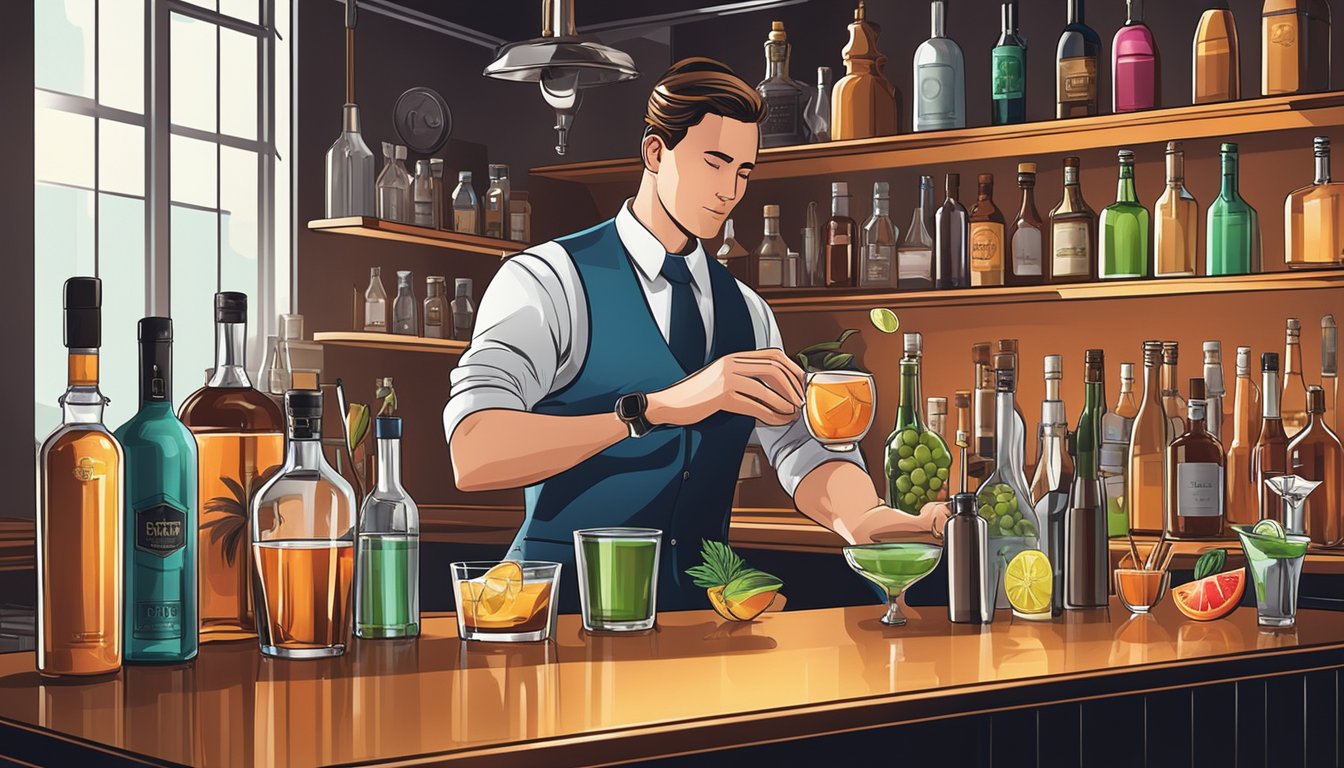 A bartender expertly mixes cocktails, surrounded by various bottles of liquor, fresh fruit, and bar tools on a sleek, polished bar top