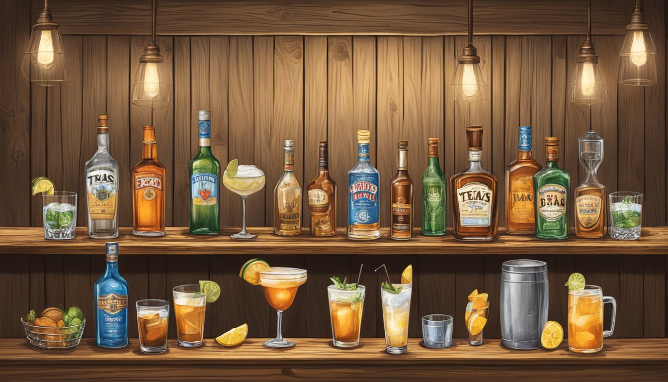 A rustic wooden bar adorned with vintage Texas memorabilia, featuring a variety of classic cocktail ingredients and glassware