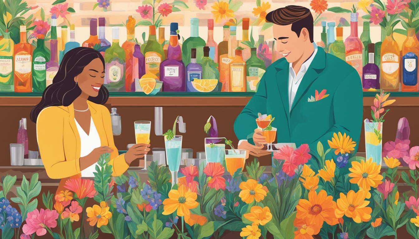 Texas wildflowers in vibrant hues surround a cocktail bar. Bartender mixes drinks with fresh flower garnishes as patrons enjoy the colorful, botanical-inspired beverages