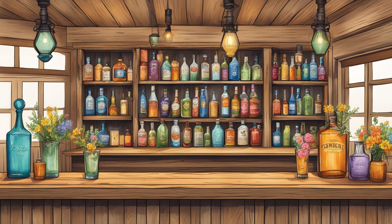 A rustic wooden bar adorned with colorful Texas wildflowers, surrounded by vintage cocktail glasses and bottles of artisanal spirits