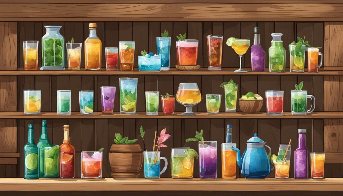 A rustic wooden bar with a variety of colorful Texas tea cocktails displayed on a shelf, surrounded by fresh ingredients and unique glassware