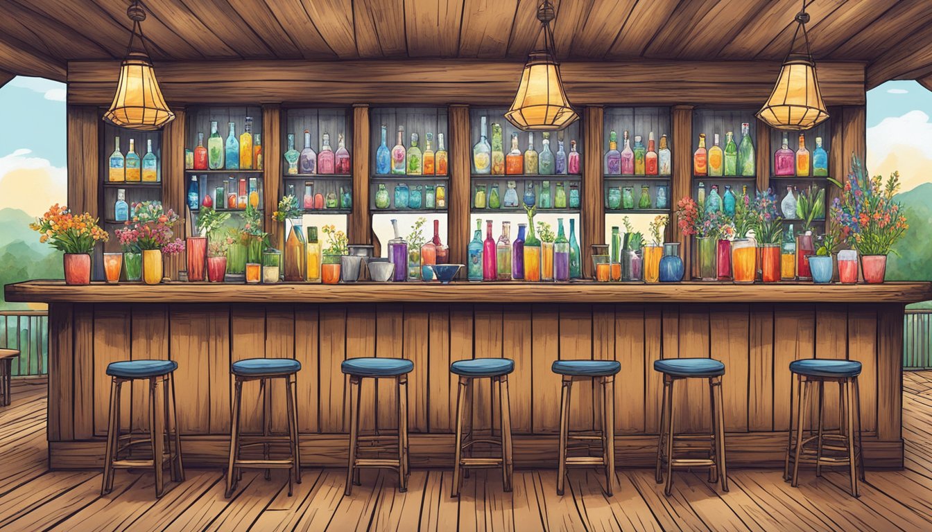 A rustic wooden bar adorned with vibrant Texas wildflowers, surrounded by colorful signature cocktails in elegant glassware