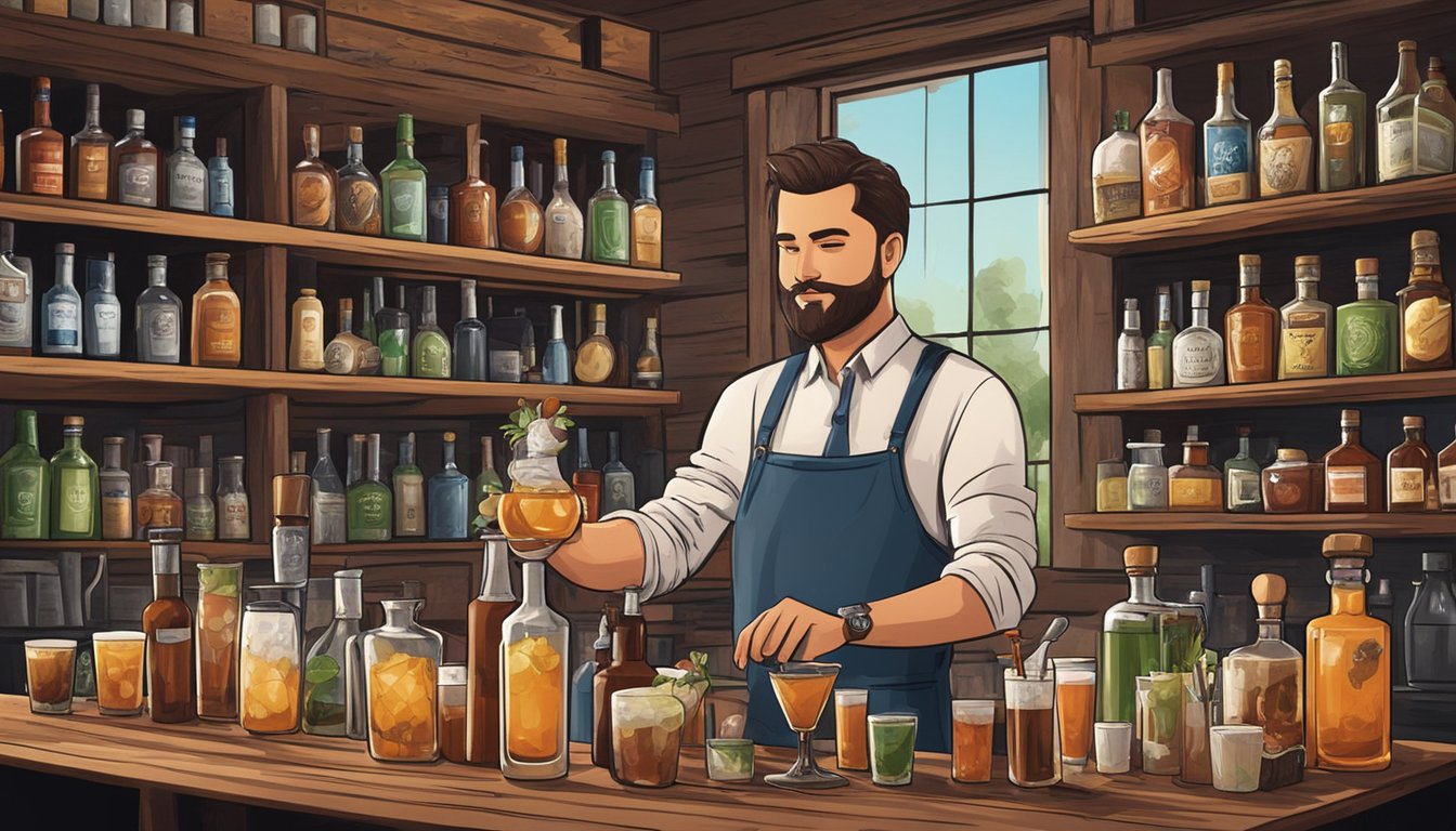 A bartender expertly mixes Texas tea cocktails in a rustic bar setting, surrounded by shelves of various liquor bottles and cocktail ingredients