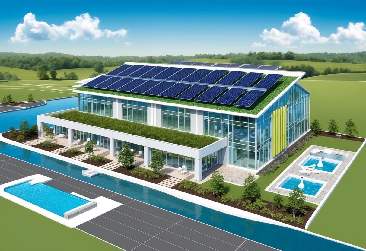 A modern, eco-friendly building with solar panels, green roofs, and efficient water and energy systems