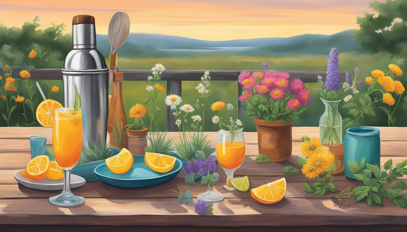 Vibrant wildflowers and herbs fill the landscape, their scents mingling with the warm breeze. A cocktail shaker and glasses sit on a rustic table, surrounded by the colors and aromas of Texas