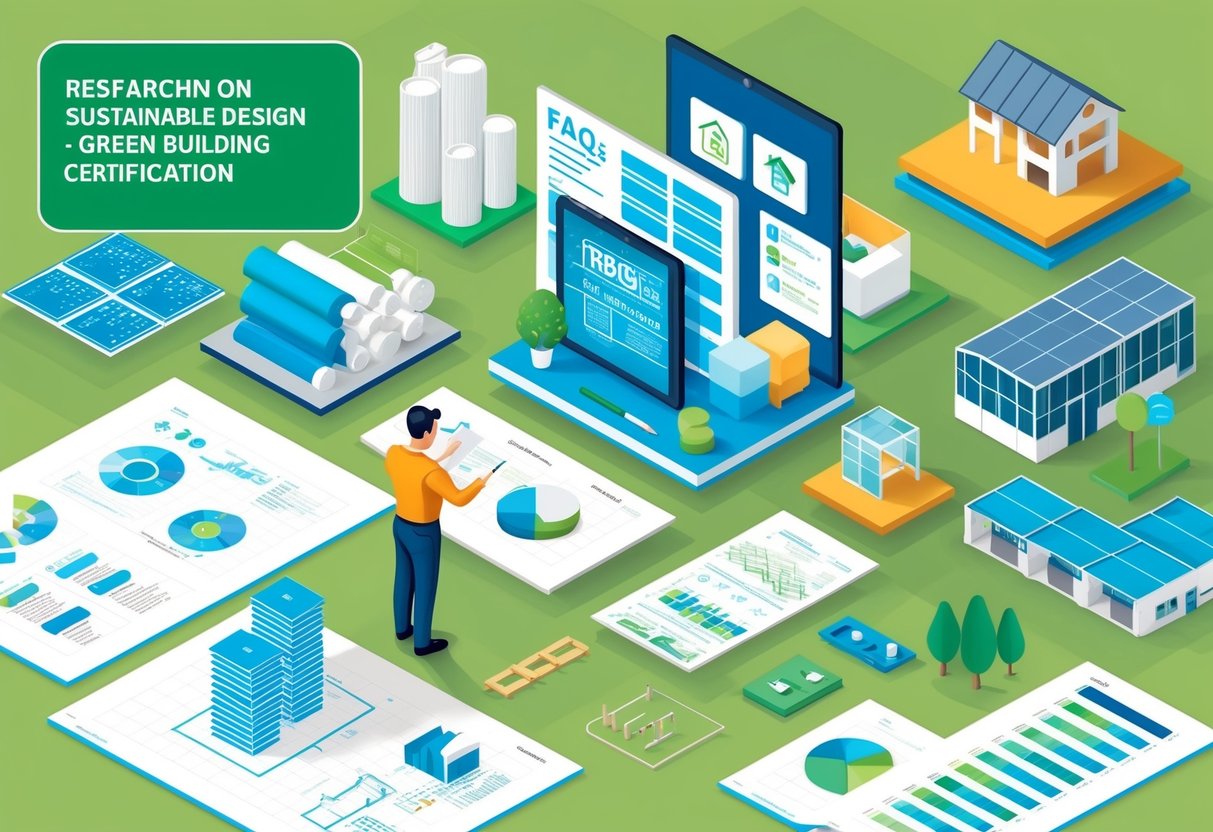 An architect researching FAQs on sustainable design for green building certification, surrounded by blueprints, energy-efficient materials, and eco-friendly building models