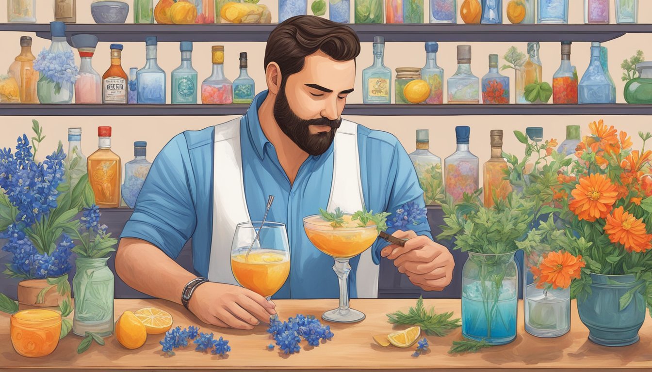 A bartender mixes a cocktail using Texas wildflower-infused ingredients, surrounded by vibrant images of bluebonnets, Indian paintbrush, and other local blooms