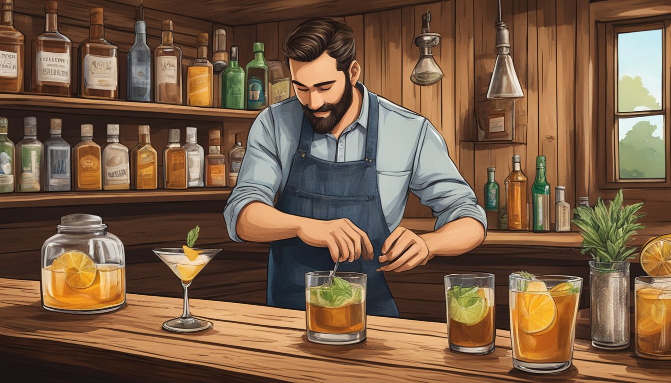 A rustic wooden bar with a row of Texas-themed cocktail ingredients and a mixologist crafting a Texas Tea cocktail