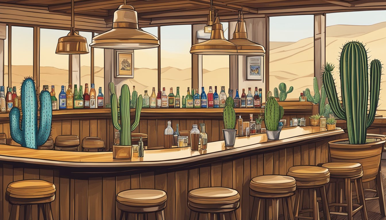 A cowboy hat, cactus, and a lone star flag adorn a bar with cocktails named after Texas landmarks