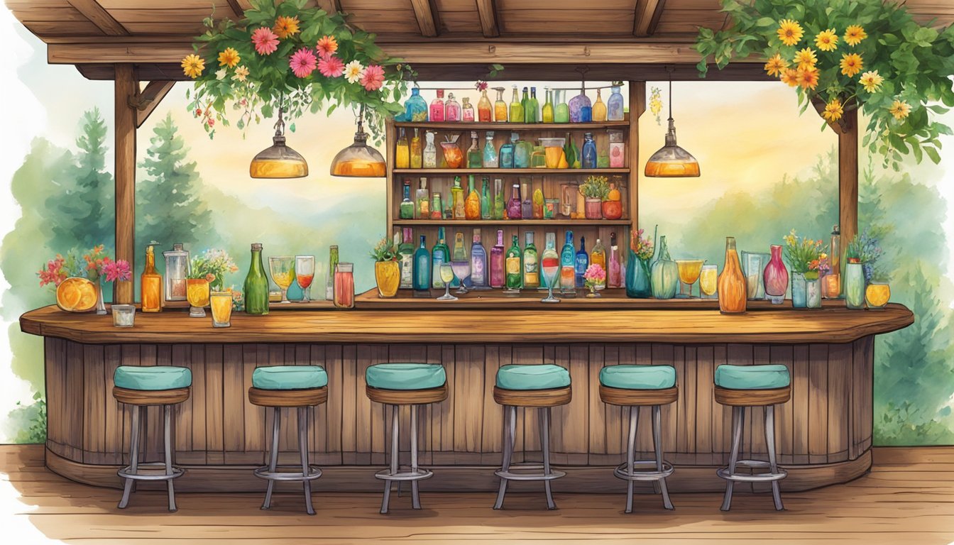 A rustic wooden bar adorned with vibrant Texas wildflowers, surrounded by a variety of colorful cocktails in unique glassware