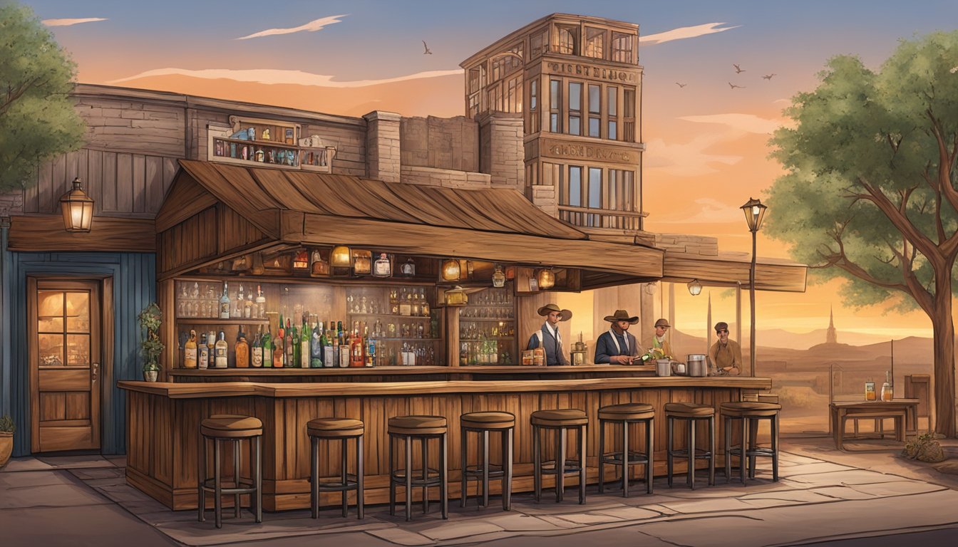 A rustic bar set against a backdrop of iconic Texas landmarks, with bartenders mixing cocktails using local ingredients and cowboy-inspired decor