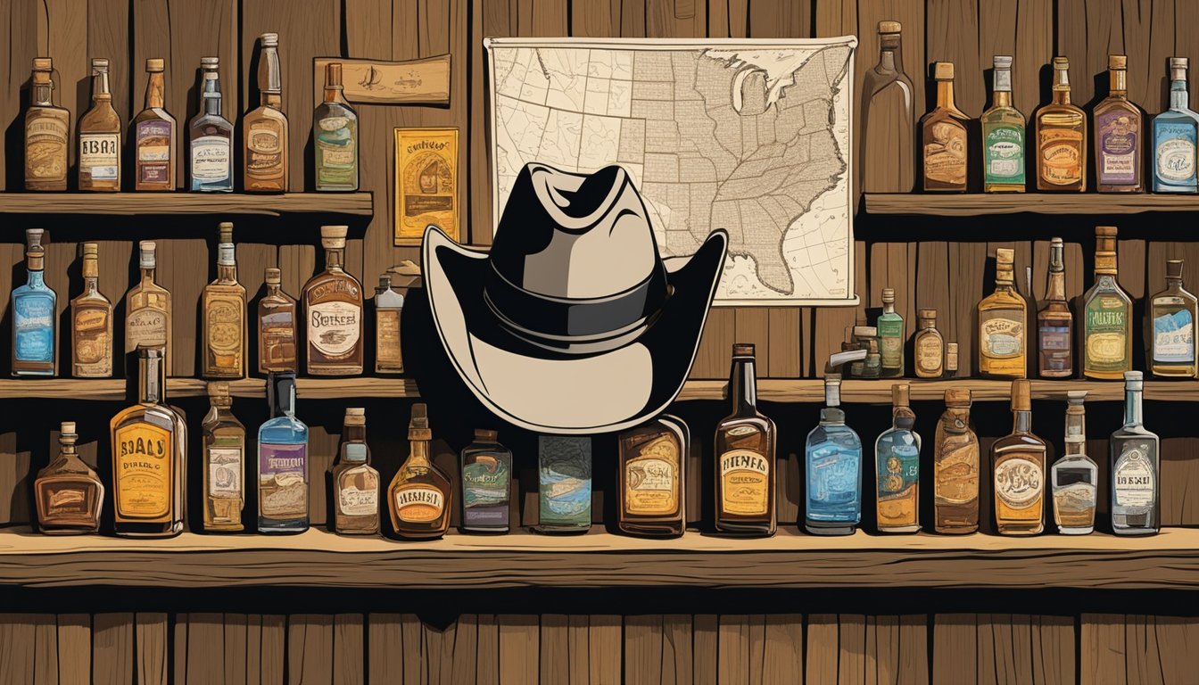 A lone cowboy hat sits atop a weathered wooden bar, surrounded by bottles of whiskey and jars of homemade infusions. A map of Texas hangs on the wall, with landmarks marked in bold colors