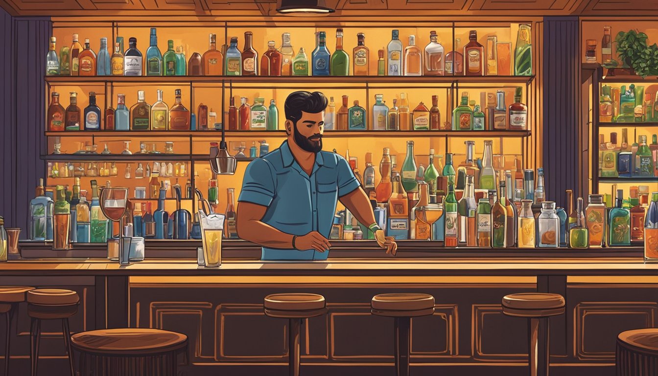 A bartender creates cocktails with Texas landmark-inspired garnishes at a lively, well-lit bar