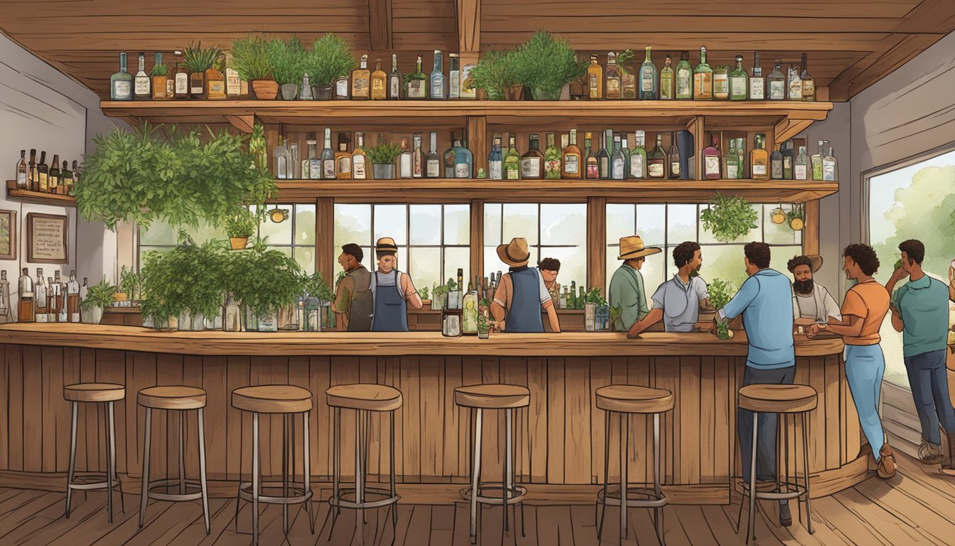 A rustic wooden bar with a variety of Texas shrubs and fresh herbs displayed. A bartender expertly mixes a cocktail while patrons eagerly watch