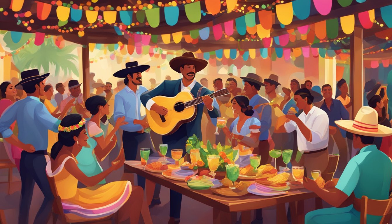 A lively fiesta with colorful decorations, mariachi band, and people enjoying margaritas in a festive setting