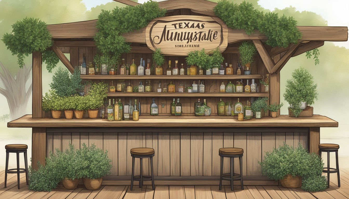 A group of animated shrubs gather around a rustic wooden bar, each adorned with a unique combination of Texas shrub ingredients