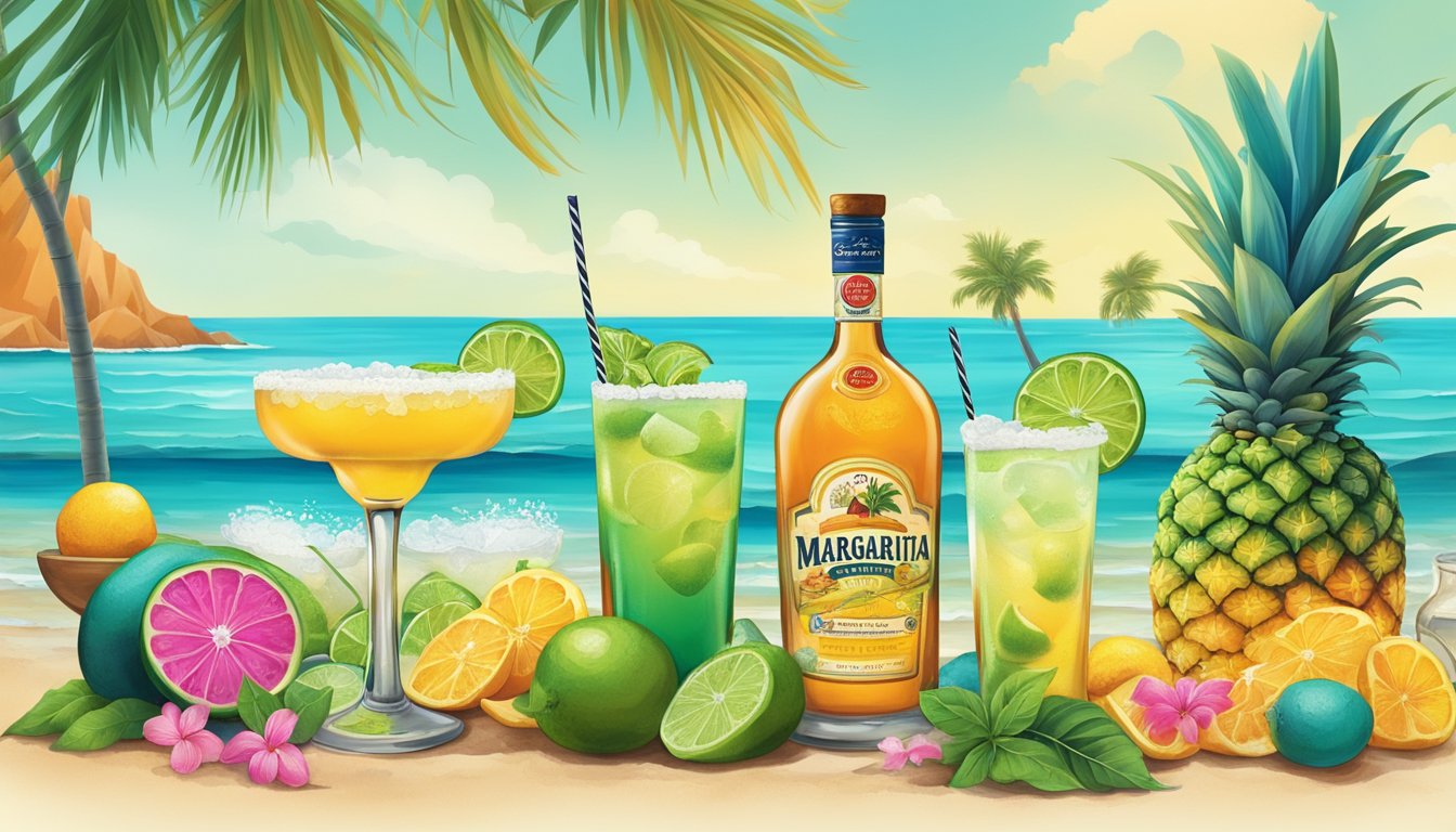 A vibrant, tropical beach setting with a colorful array of margarita ingredients and glassware, surrounded by historical imagery of the drink's origin