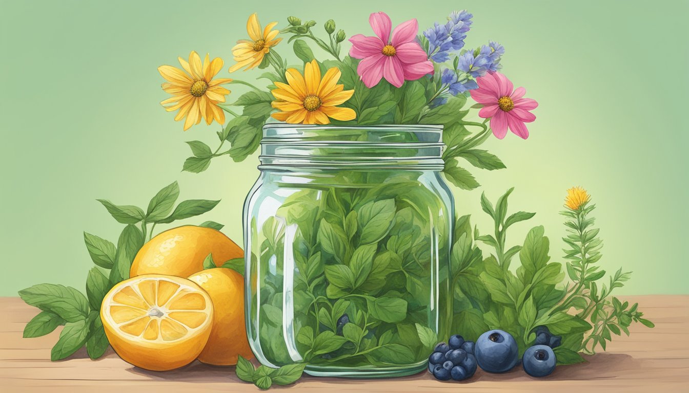 A mason jar filled with vibrant green herbs, fresh fruit, and a splash of vinegar, surrounded by blooming Texas wildflowers