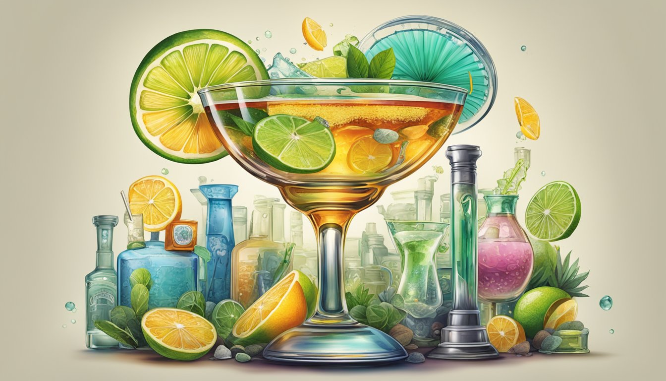 A colorful margarita glass surrounded by historical images and symbols of innovation and industry