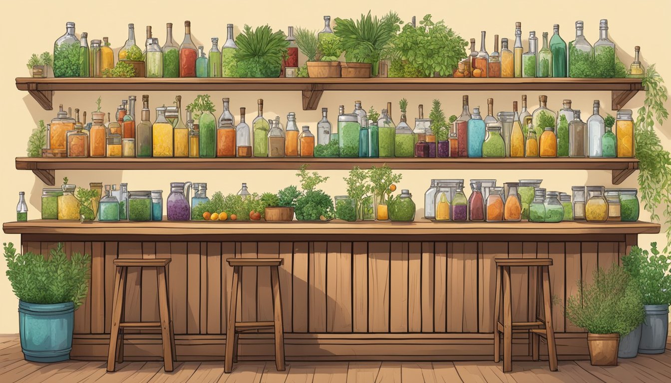 A rustic bar adorned with fresh herbs and fruit, surrounded by shelves of colorful bottles and jars filled with homemade shrub mixers