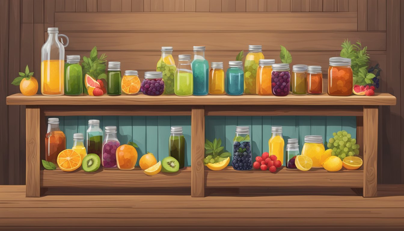 A rustic wooden bar with fresh fruit, bottles of vinegar, and mason jars filled with colorful shrub mixtures