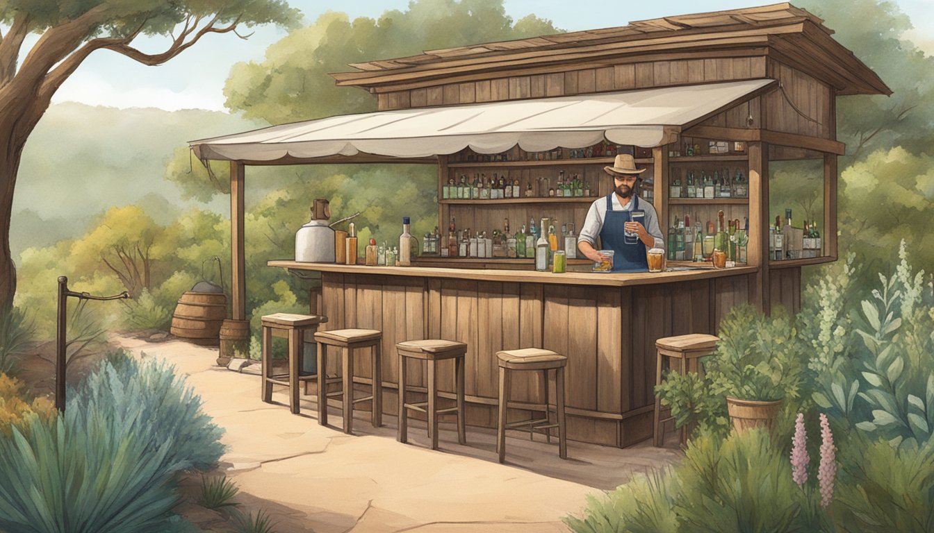 A rustic bar set among native Texas shrubs, with a mixologist creating sustainable cocktails using fresh ingredients from the surrounding landscape