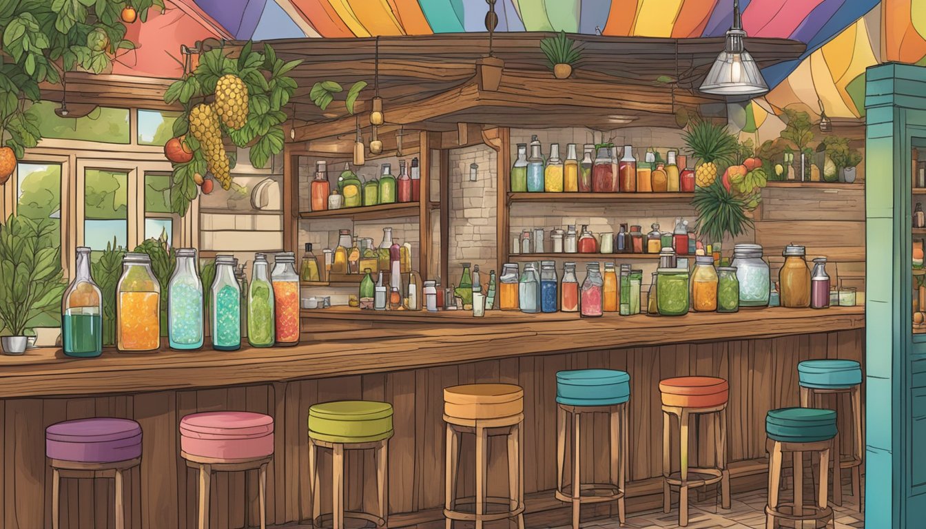 A rustic wooden bar adorned with fresh fruits, herbs, and jars of kombucha, surrounded by a bustling crowd sipping on colorful, fizzy cocktails