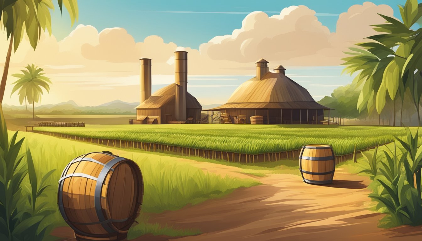 A distillery in Texas produces cachaça with copper stills and wooden barrels, surrounded by fields of sugarcane under a sunny sky