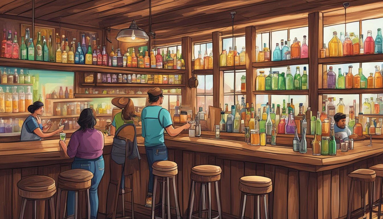 A rustic Texan bar with shelves of kombucha bottles, a mixologist pouring the fermented tea into cocktail glasses, and customers enjoying the fizzy, colorful drinks