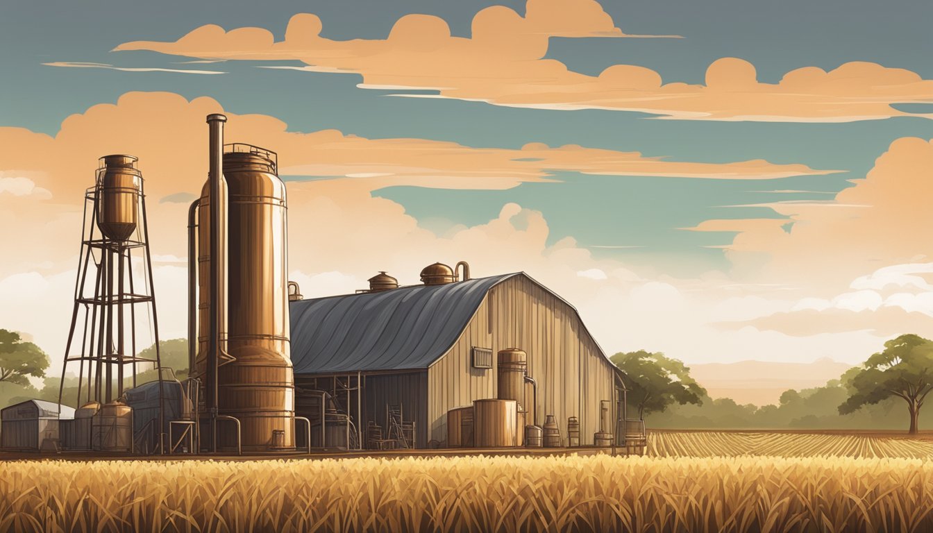 A rustic distillery in the Texas countryside, with fields of sugarcane stretching into the distance and a copper still bubbling away