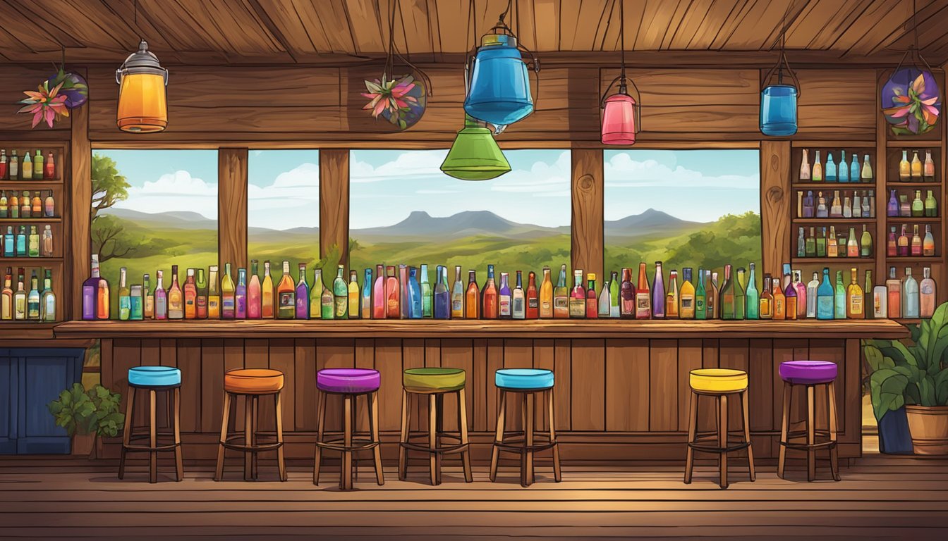 A rustic Texas bar with a variety of colorful kombucha cocktails on display, surrounded by vibrant Texas scenery