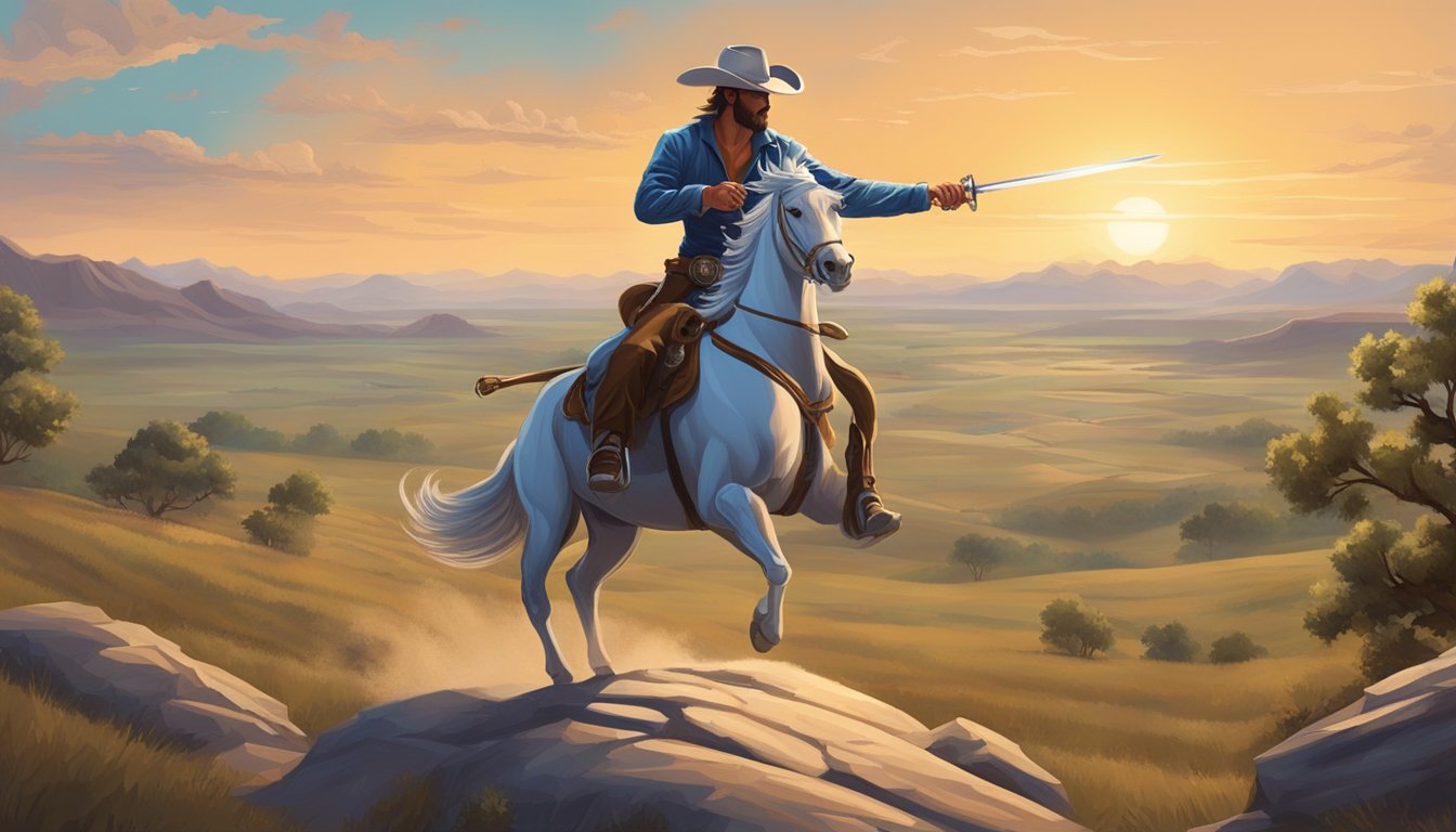 A lone cowboy sabering a champagne bottle with a swift swing of his sword, surrounded by the vast Texas landscape