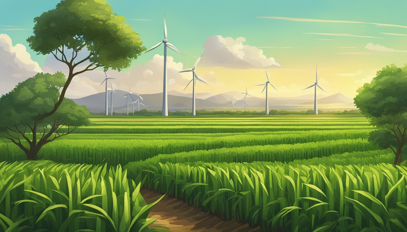 A lush, sprawling sugarcane field in Texas, with a distillery in the background producing cachaa. Wind turbines dot the horizon, symbolizing sustainability and the future of the industry