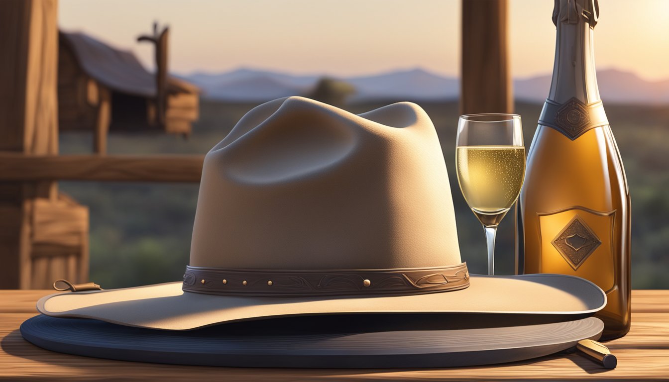 A cowboy hat rests on a wooden table next to a gleaming saber and a bottle of champagne on a dusty Texan ranch