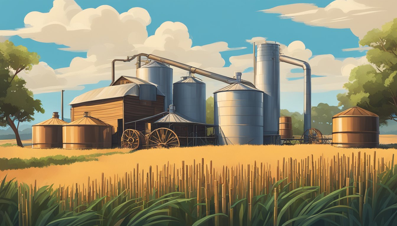 A rustic Texas distillery with copper stills and barrels, surrounded by fields of sugarcane under a bright blue sky