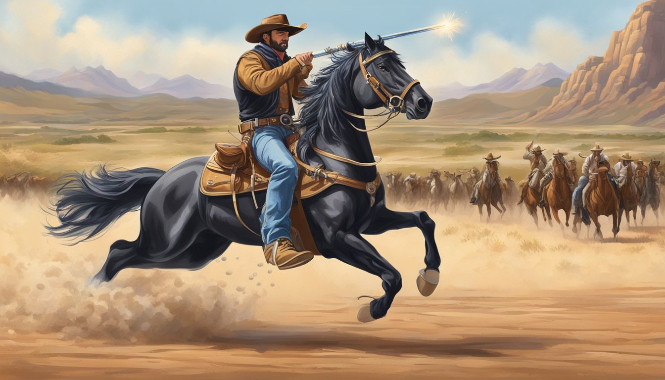 A lone cowboy expertly sabers a champagne bottle with a traditional Texas-style saber, as the cork pops and bubbles overflow