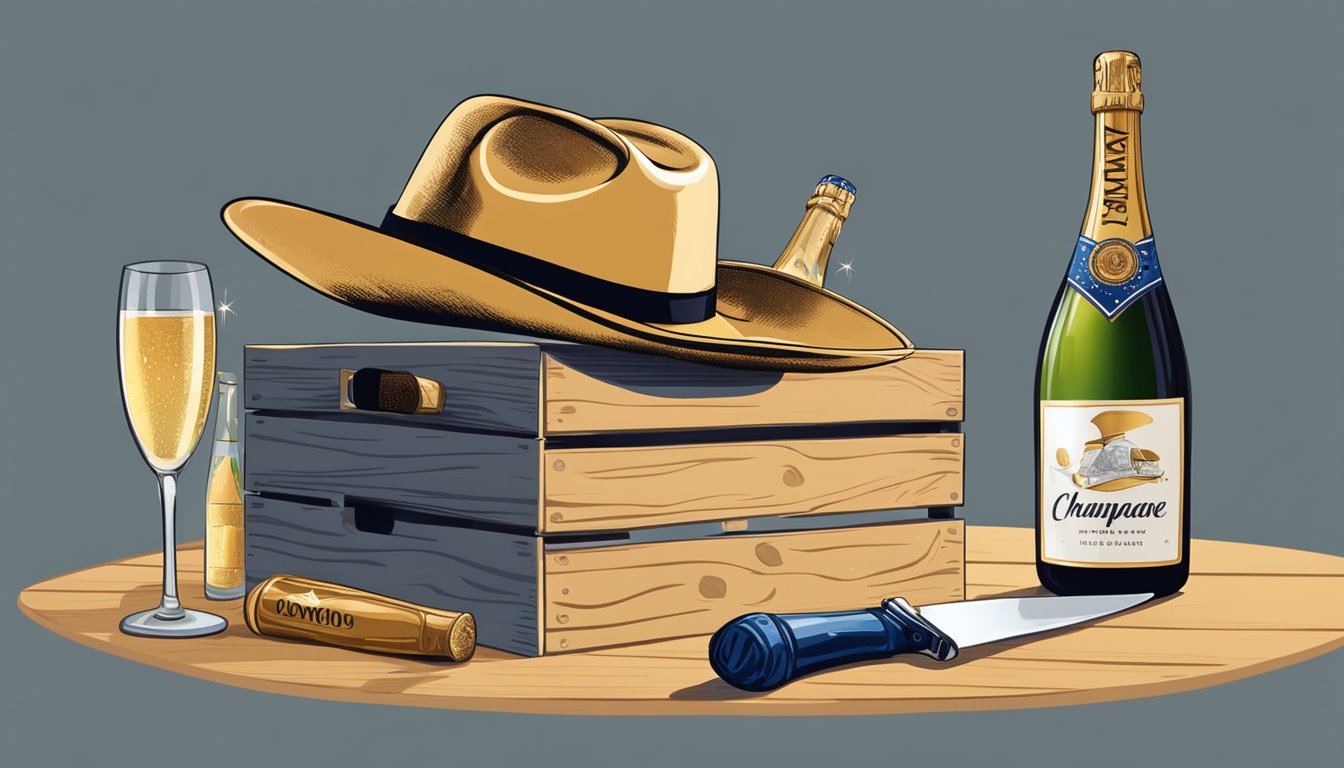 A cowboy hat rests atop a crate of champagne bottles. A sabre is poised mid-swing, ready to slice the cork off a bottle