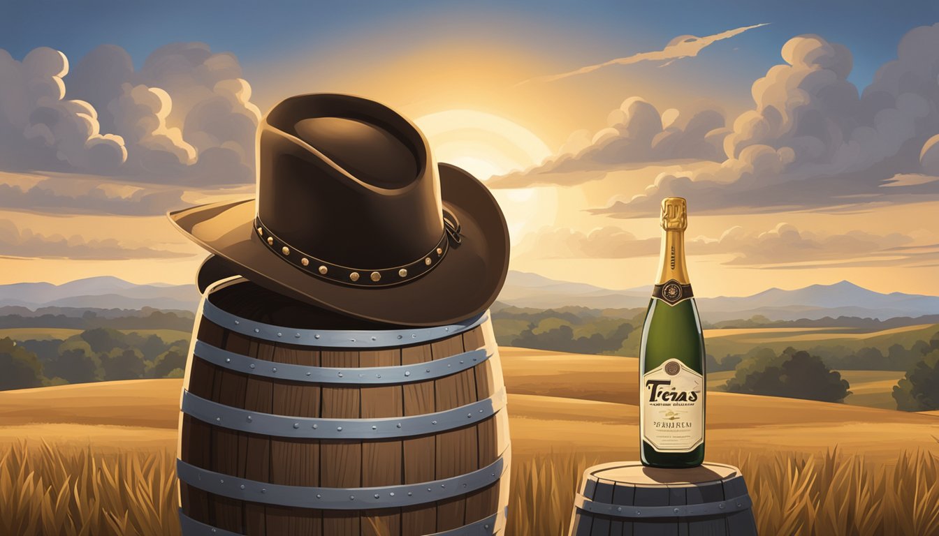 A cowboy hat sits atop a wooden barrel, with a champagne bottle and a saber laid out next to it. The backdrop is a rustic Texas landscape with rolling hills and a big blue sky