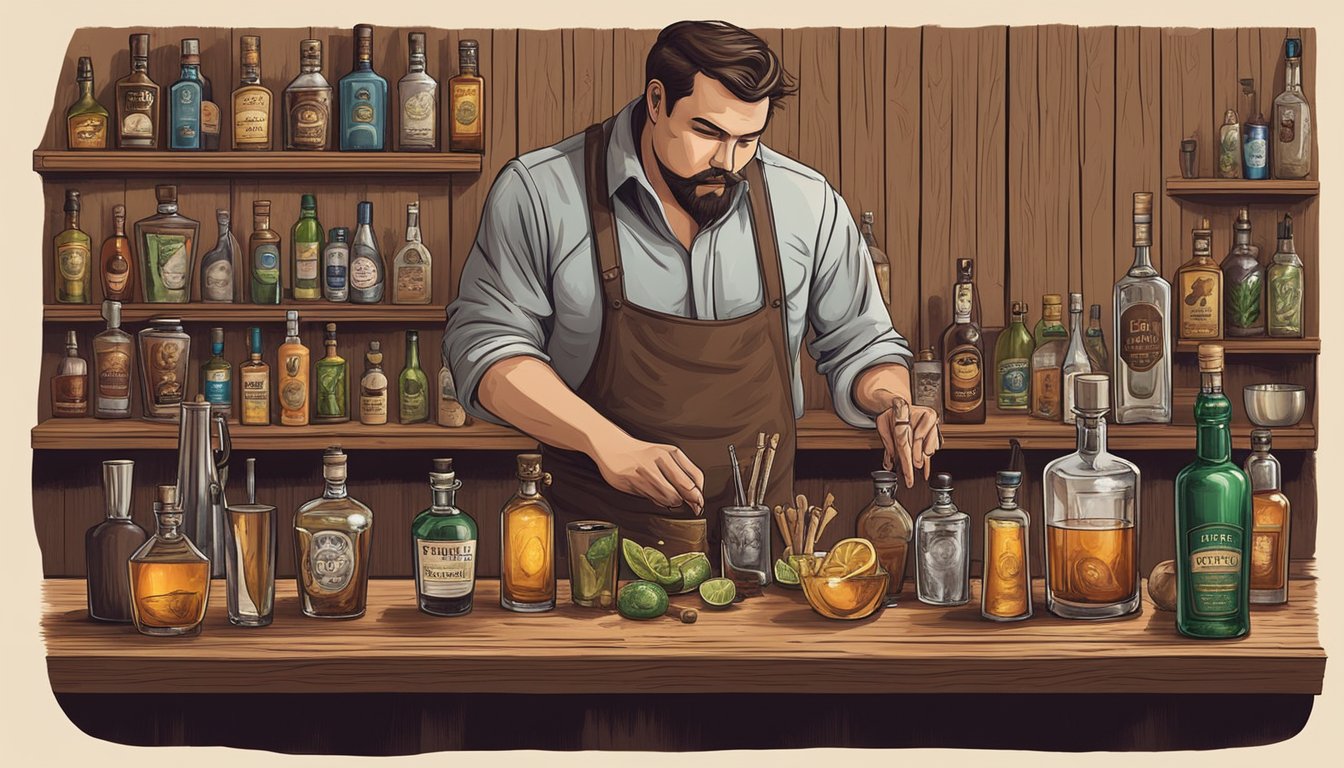 A bartender selects spirits and ingredients, surrounded by Texas wood for smoking cocktails