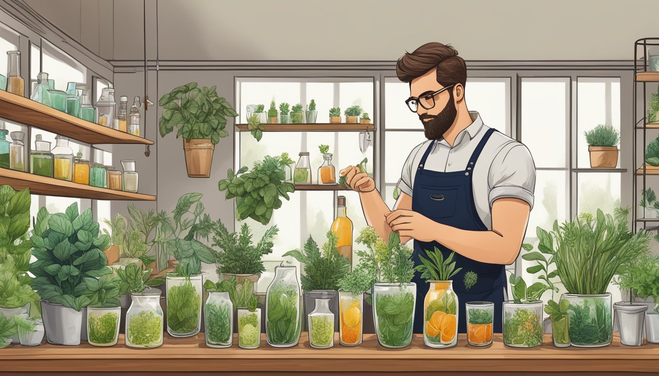 A bartender using recycled glassware and organic ingredients, surrounded by potted herbs and plants for garnishes