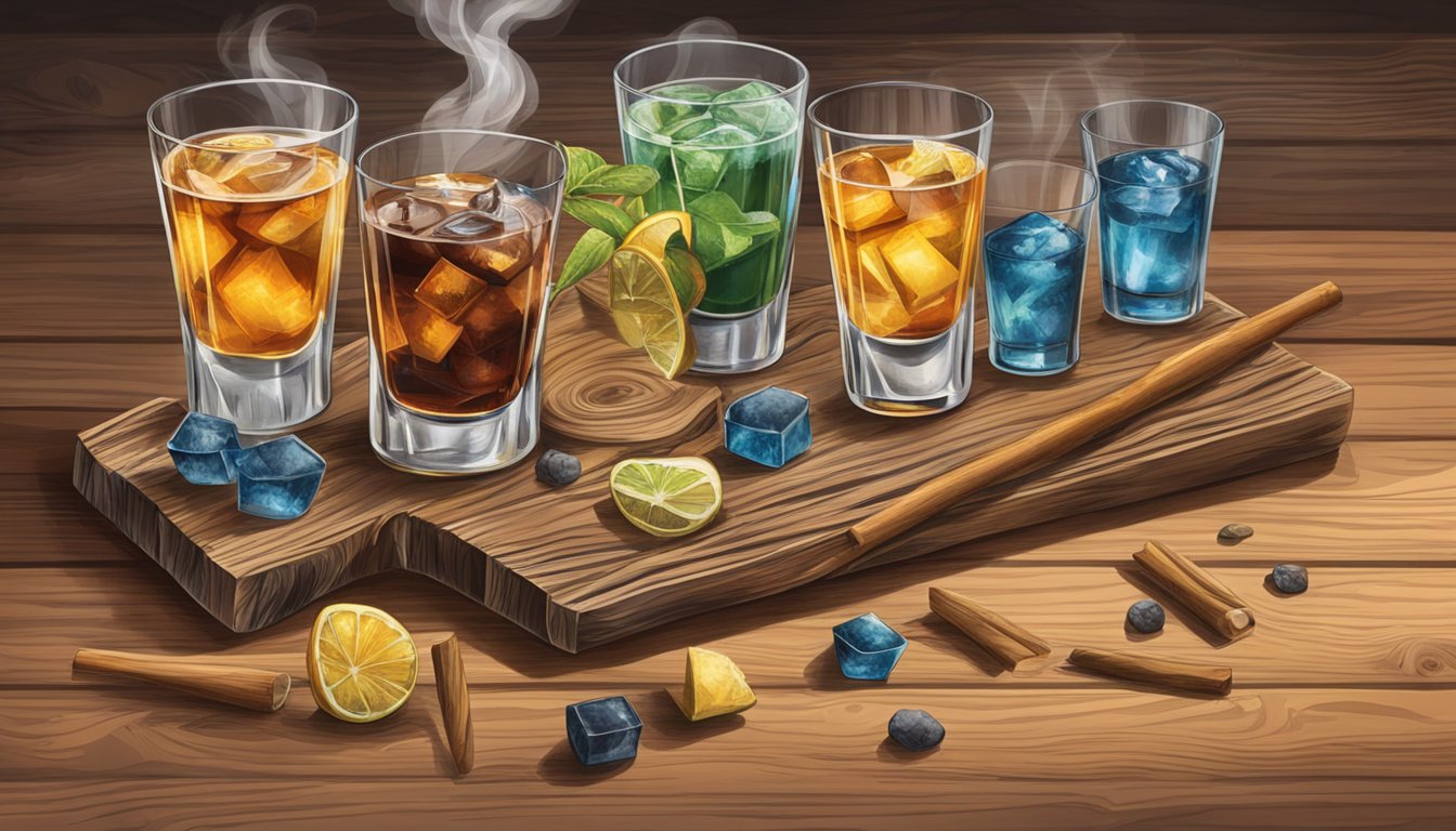 A rustic wooden table displays various Texas wood varieties, each with its unique grain and color, surrounded by smoking cocktail glasses