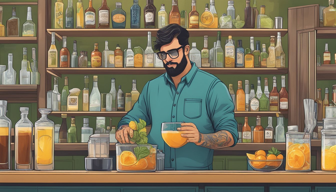 A bartender gathering locally sourced ingredients for eco-friendly cocktails in Texas