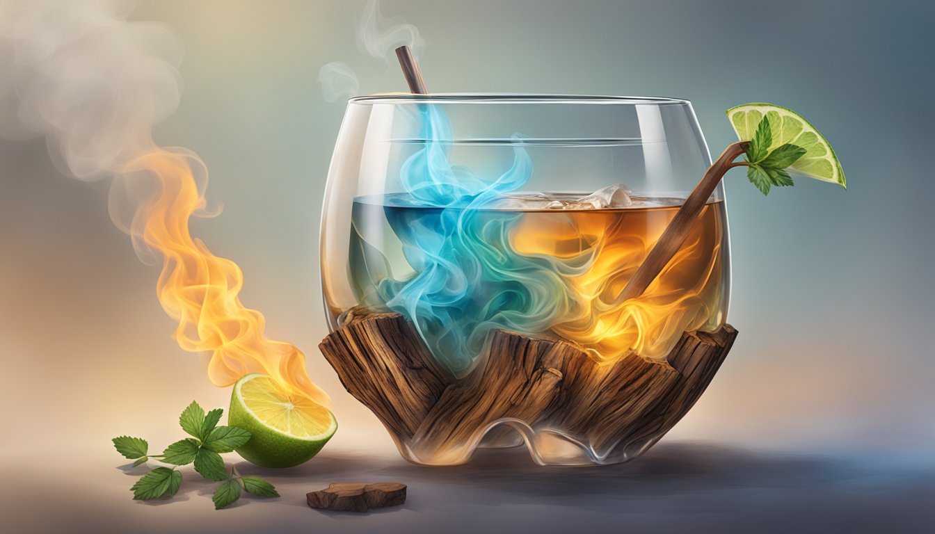 A glass vessel filled with smoke from burning Texas wood, enveloping a cocktail