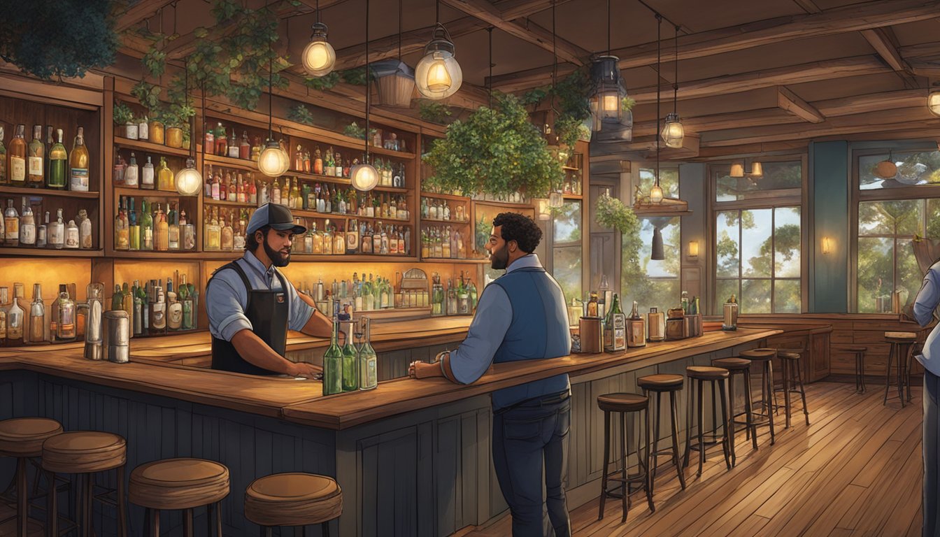 A bartender in Texas mixes drinks using sustainable, eco-friendly ingredients and methods. The bar is adorned with recycled materials and energy-efficient lighting