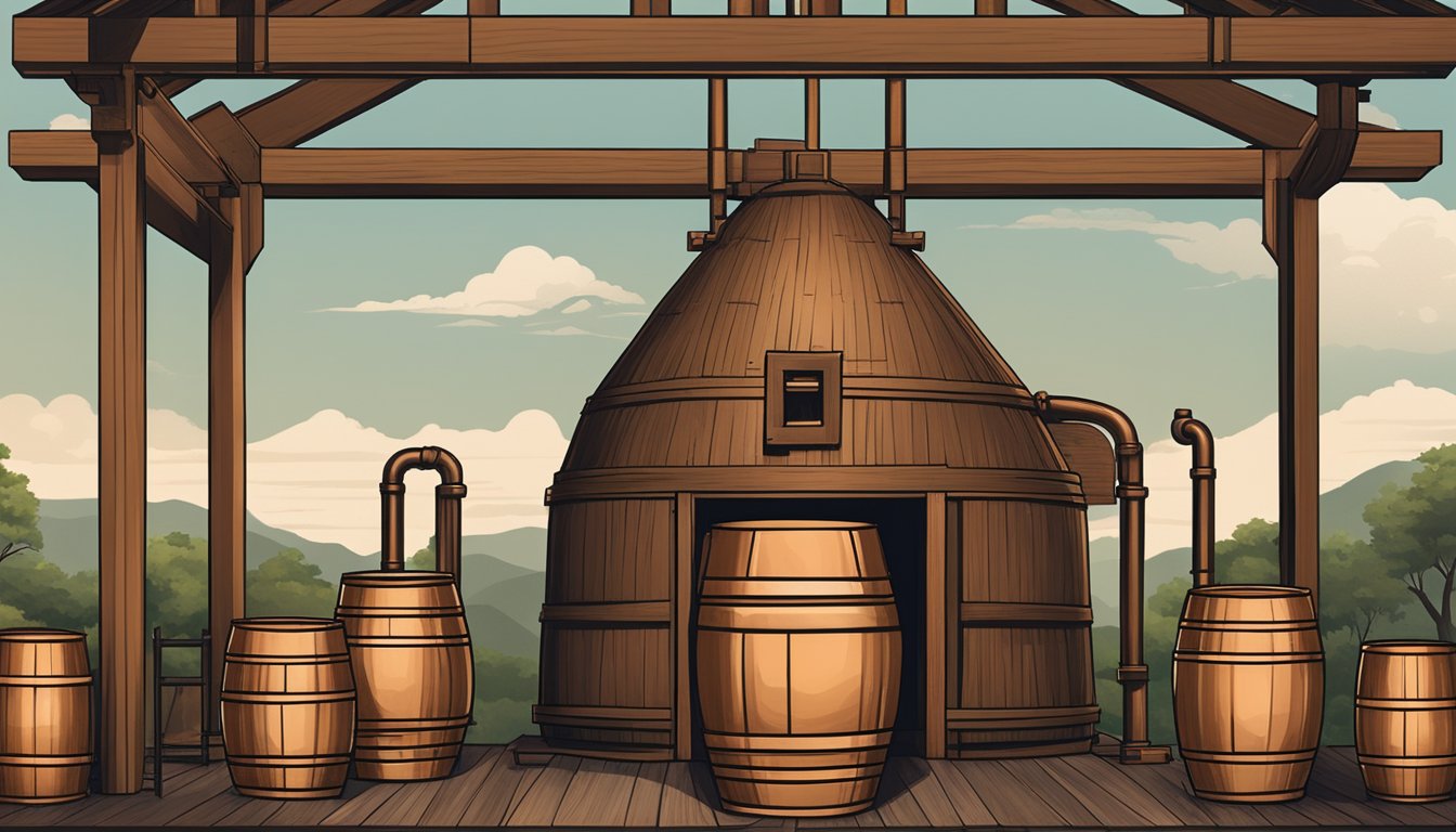 A traditional Japanese distillery with copper stills and wooden barrels, set against the backdrop of a Texas landscape