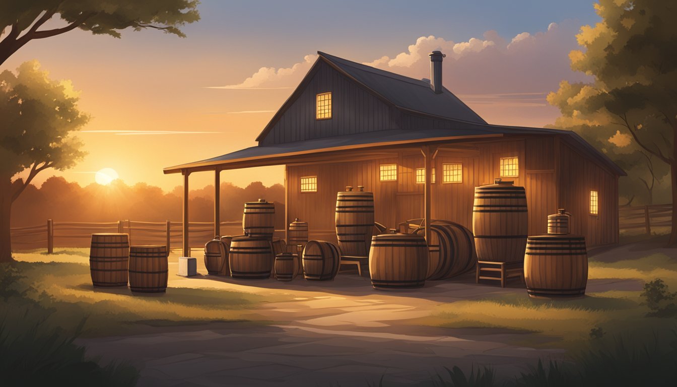 A rustic Texan distillery with copper stills and oak barrels aging shochu under the warm glow of the setting sun