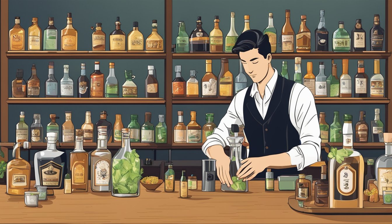 A bartender pours Texas-made shochu into a cocktail shaker, surrounded by various bottles of liquor and fresh ingredients on the bar counter