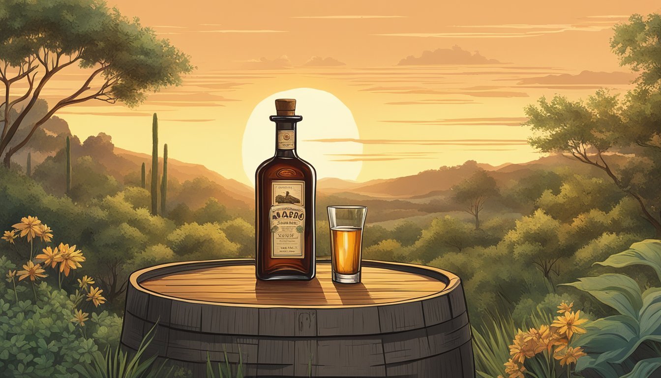 A bottle of Texas-made amaro sits atop a rustic wooden barrel, surrounded by native plants and herbs. The warm glow of the setting sun highlights the label, evoking a sense of history and tradition