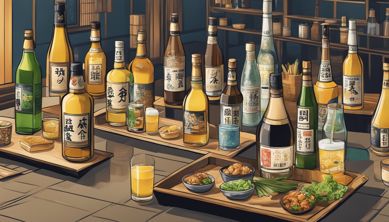 A traditional Japanese izakaya adorned with shochu bottles from Texas, blending cultural and regional influences for the future